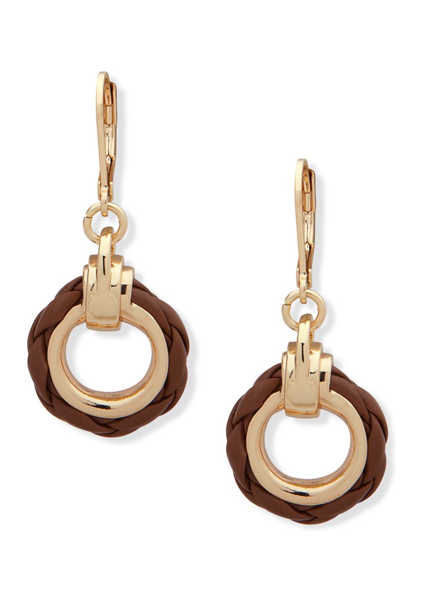 Gold Tone Brown Circle Drop Lever Back Earrings