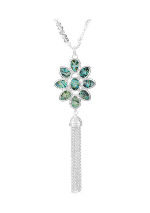 Silver Tone Abalone 36 Inch Tassel Y  Necklace
