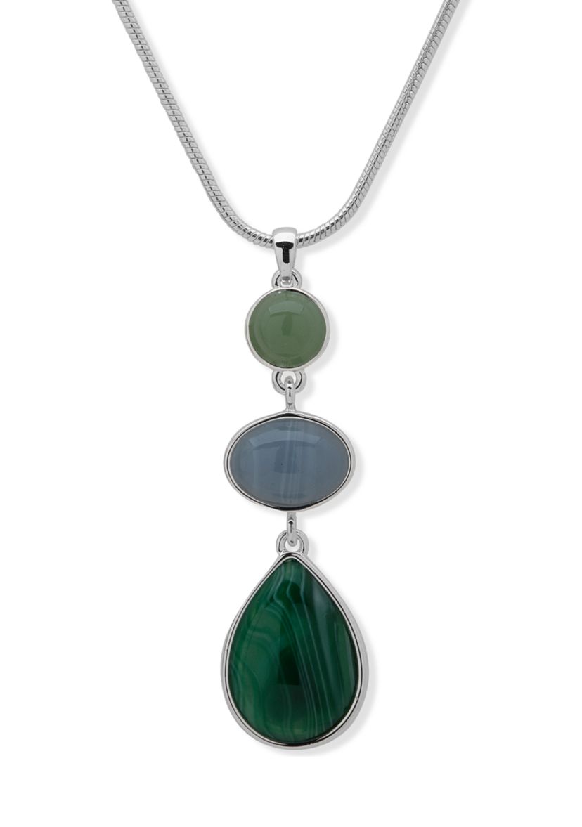 Silver Tone Blue Green 16 Inch Stone Pendant Necklace 
