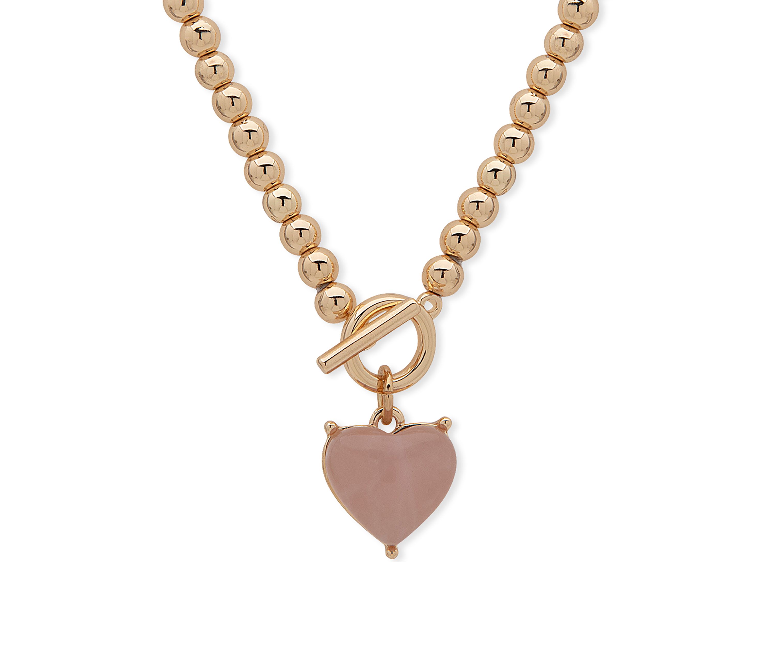 Gold Tone Rose Quartz 17 Inch Heart Toggle Pendant Necklace