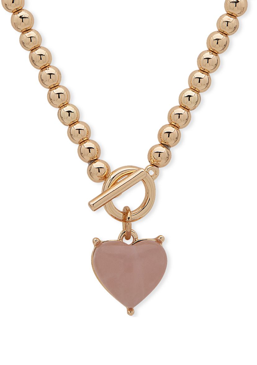 Gold Tone Rose Quartz 17 Inch Heart Toggle Pendant Necklace