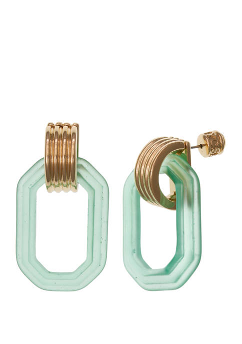 Gold Tone Teal Lucite Square Link Drop Clip Earrings