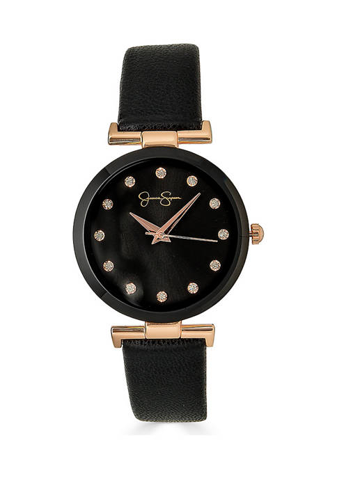 Metalized Bezel Black Strap Watch