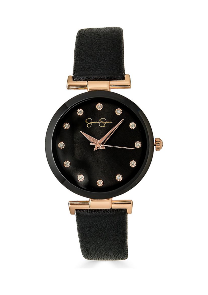 Metalized Bezel Black Strap Watch
