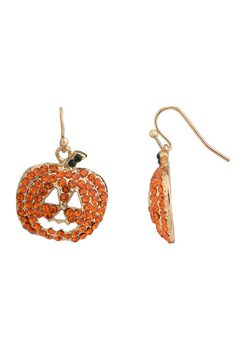 Halloween Gold Tone and Orange Stone Jack O Lantern Drop Earrings