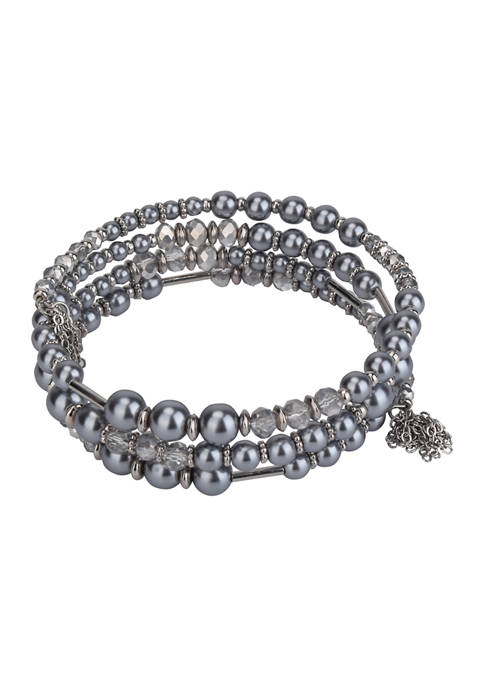 Silver Tone and Gray Colored Pearl Coil Bracelet