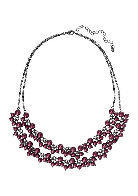 Hematite Tone and Wine Pearl Layered Necklace
