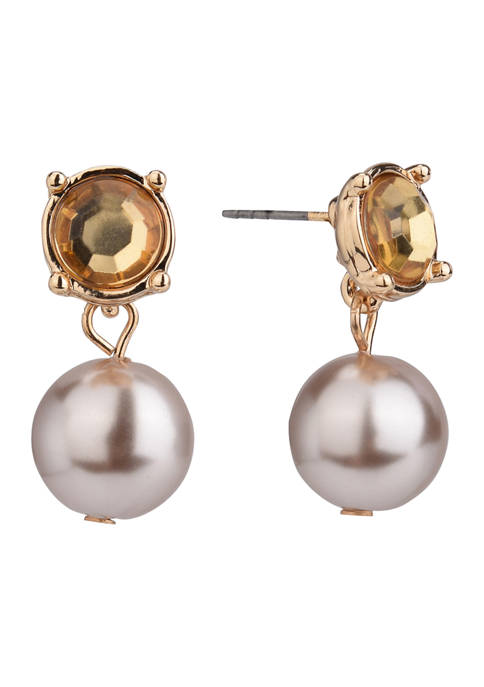 Gold Tone and Champagne Pearl Drop Earrings