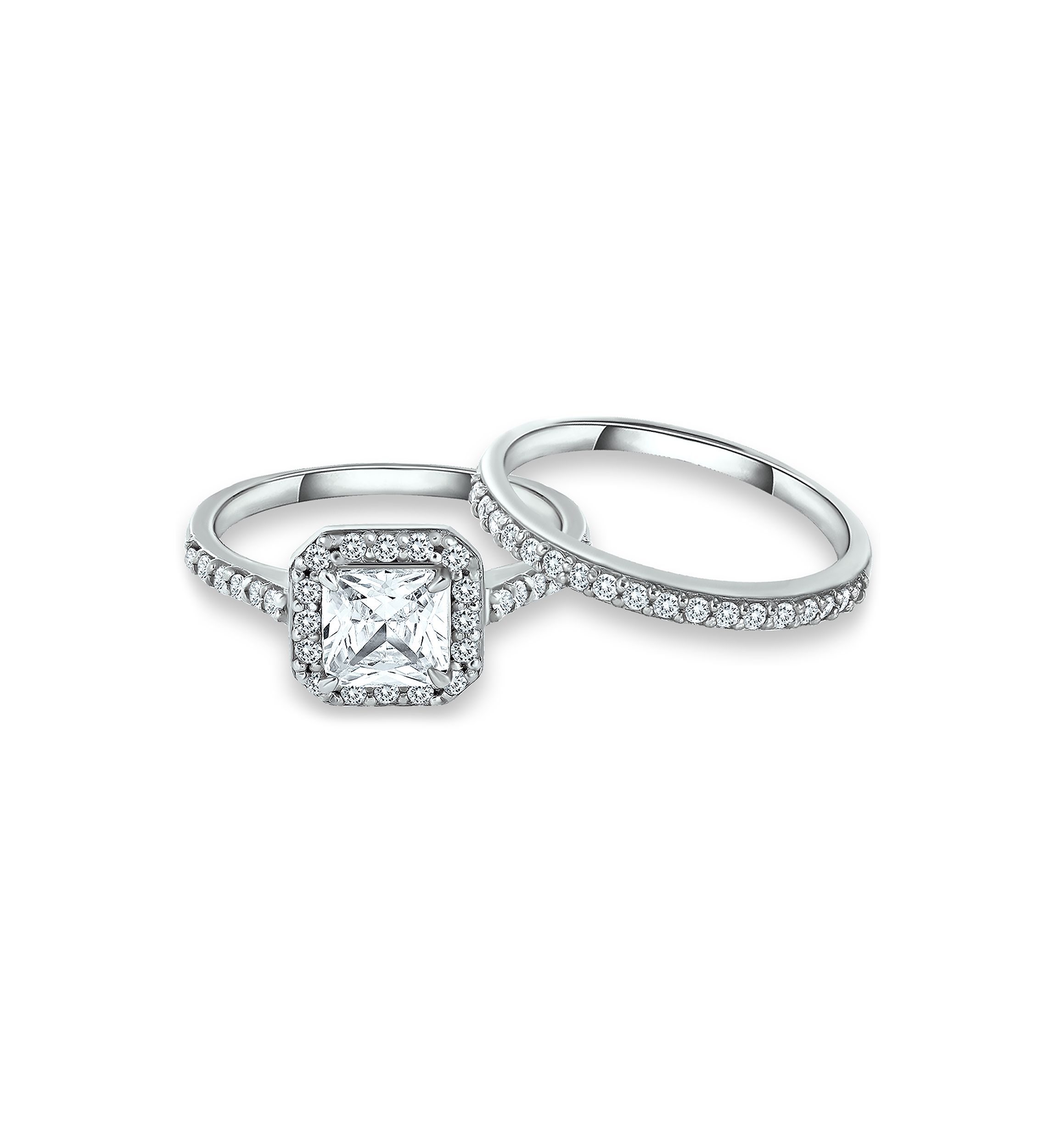 Sterling Silver Cubic Zirconia Engagement Ring with Wedding Band