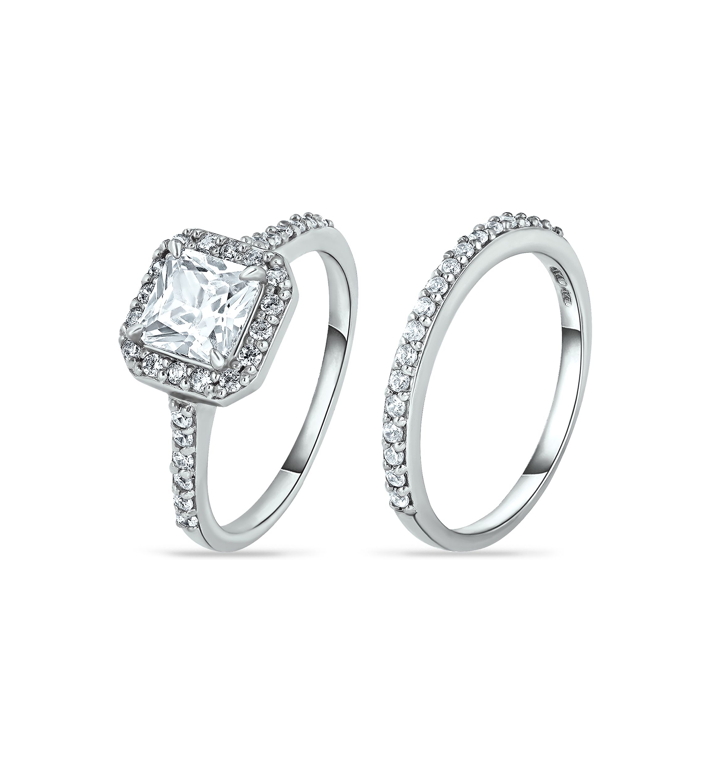 Sterling Silver Cubic Zirconia Engagement Ring with Wedding Band