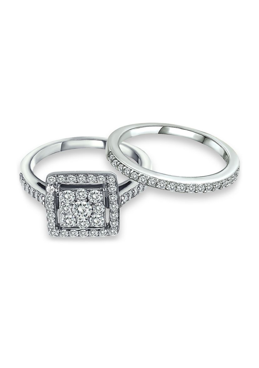 Sterling Silver Cubic Zirconia Engagement Ring with Wedding Band