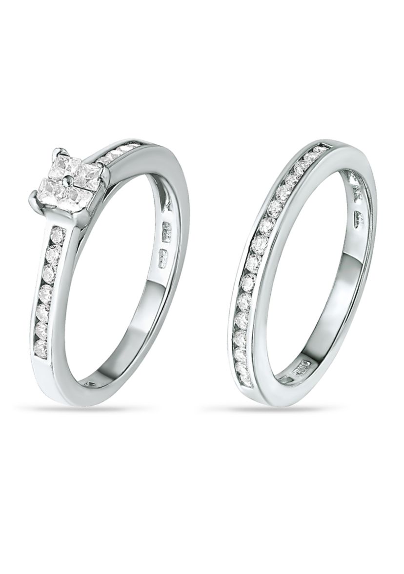 Sterling Silver Cubic Zirconia Engagement Ring with Wedding Band