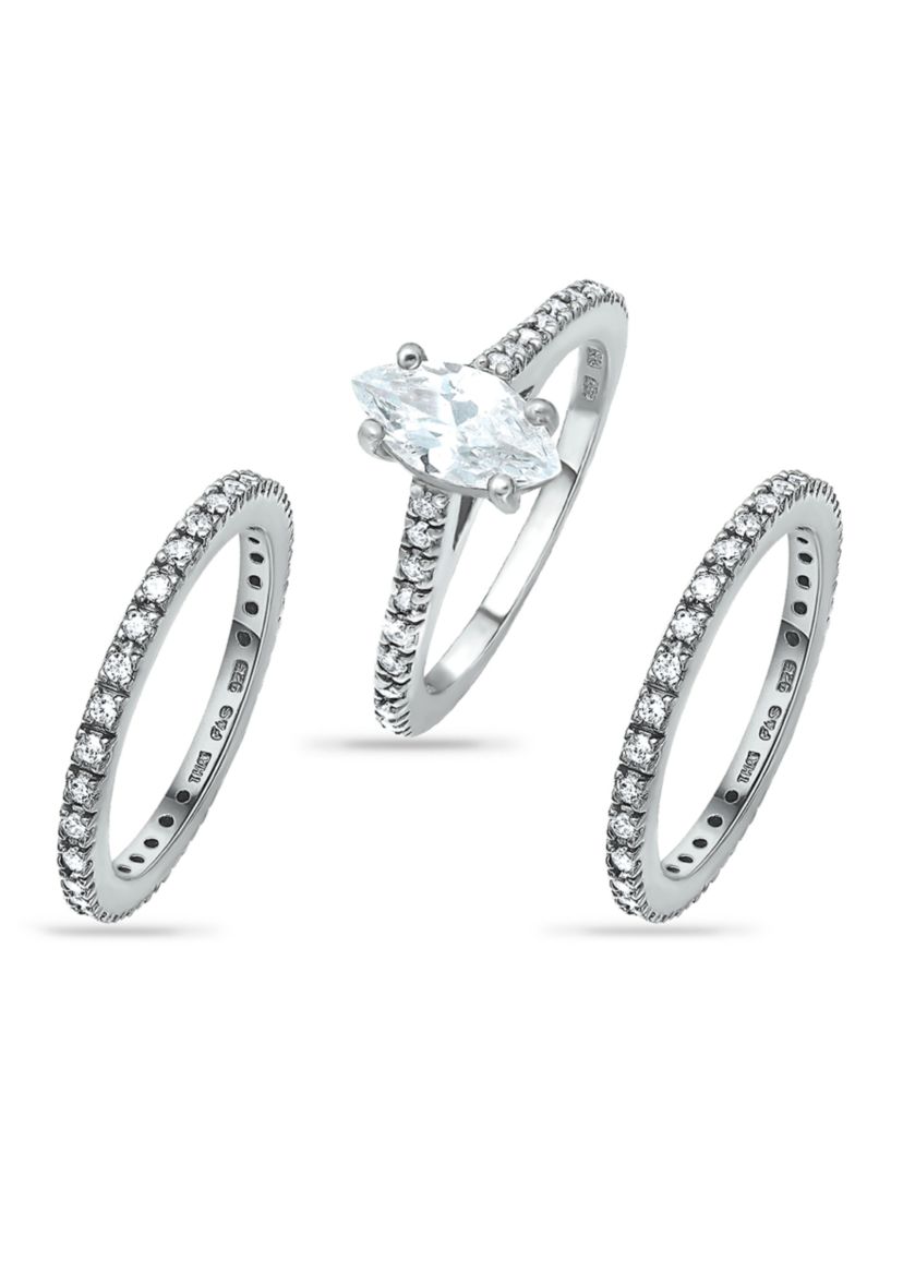 Sterling Silver Cubic Zirconia Engagement Ring with Wedding Band