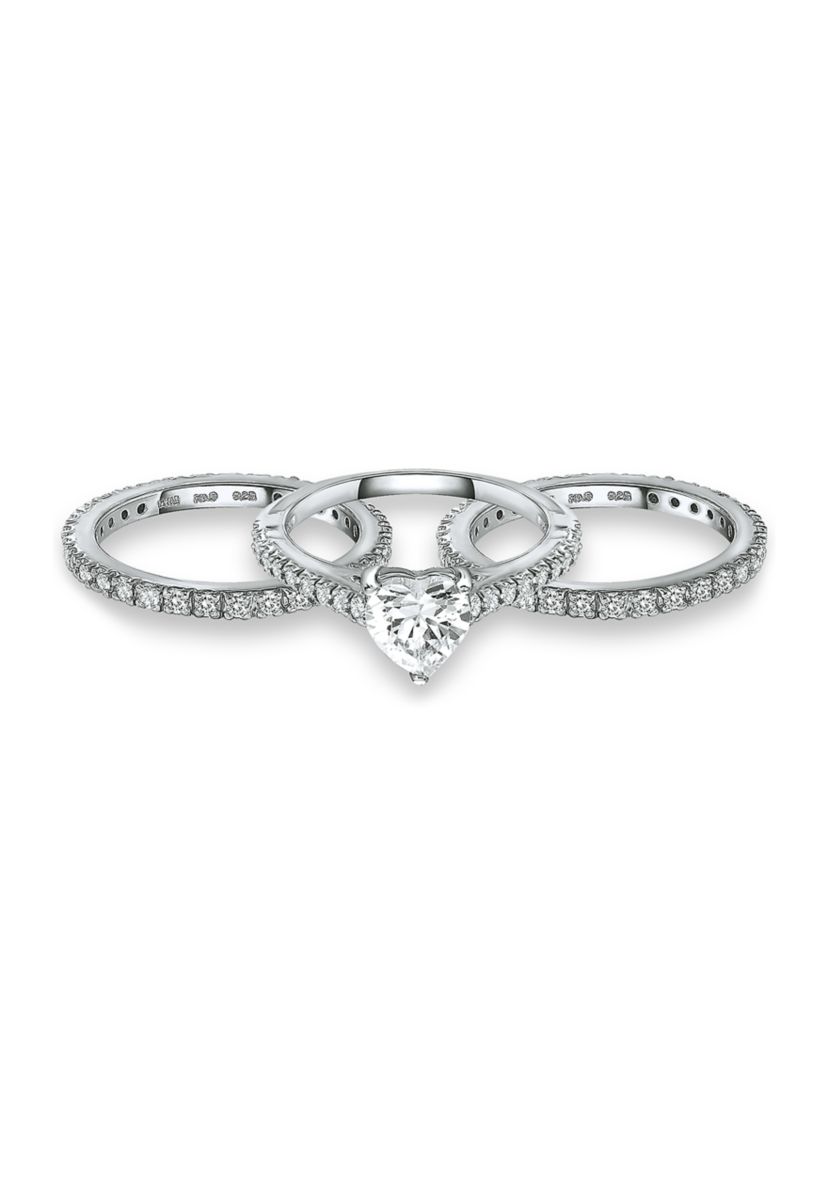 Sterling Silver Cubic Zirconia Engagement Ring with Wedding Band