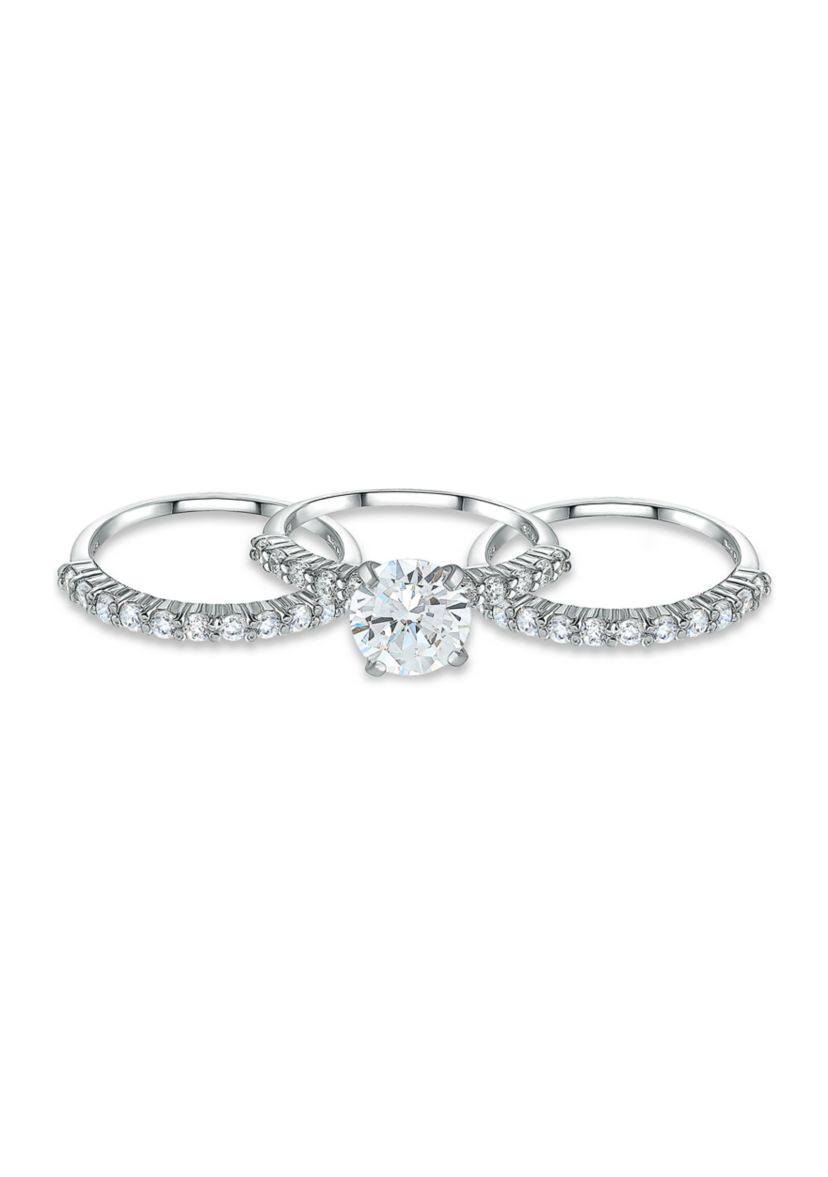 Sterling Silver Cubic Zirconia Engagement Ring with Wedding Band