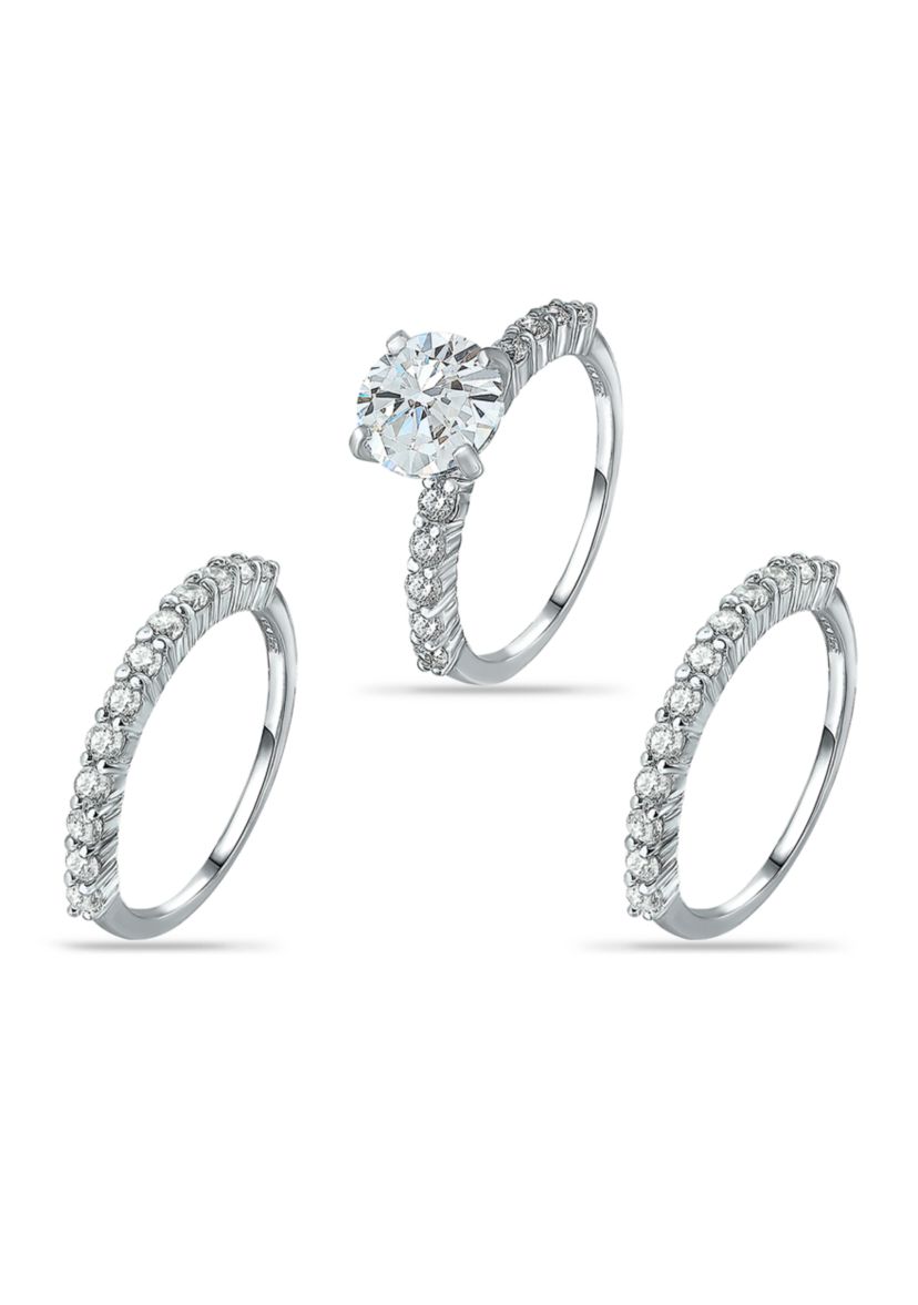 Sterling Silver Cubic Zirconia Engagement Ring with Wedding Band