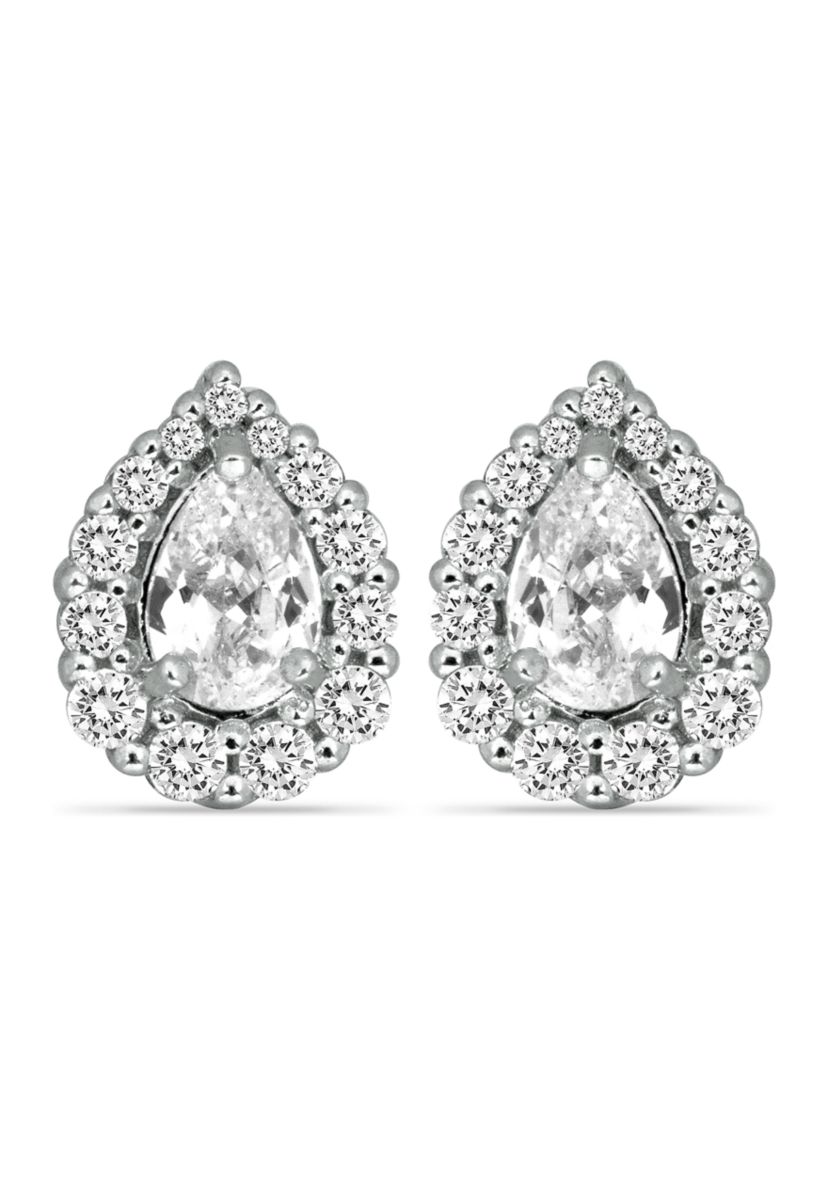 Sterling Silver Halo Frame Cubic Zirconia Stud Post Earrings