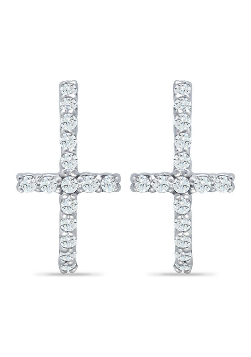 Sterling Silver Pavé Cubic Zirconia Cross Huggie Hoop Earrings