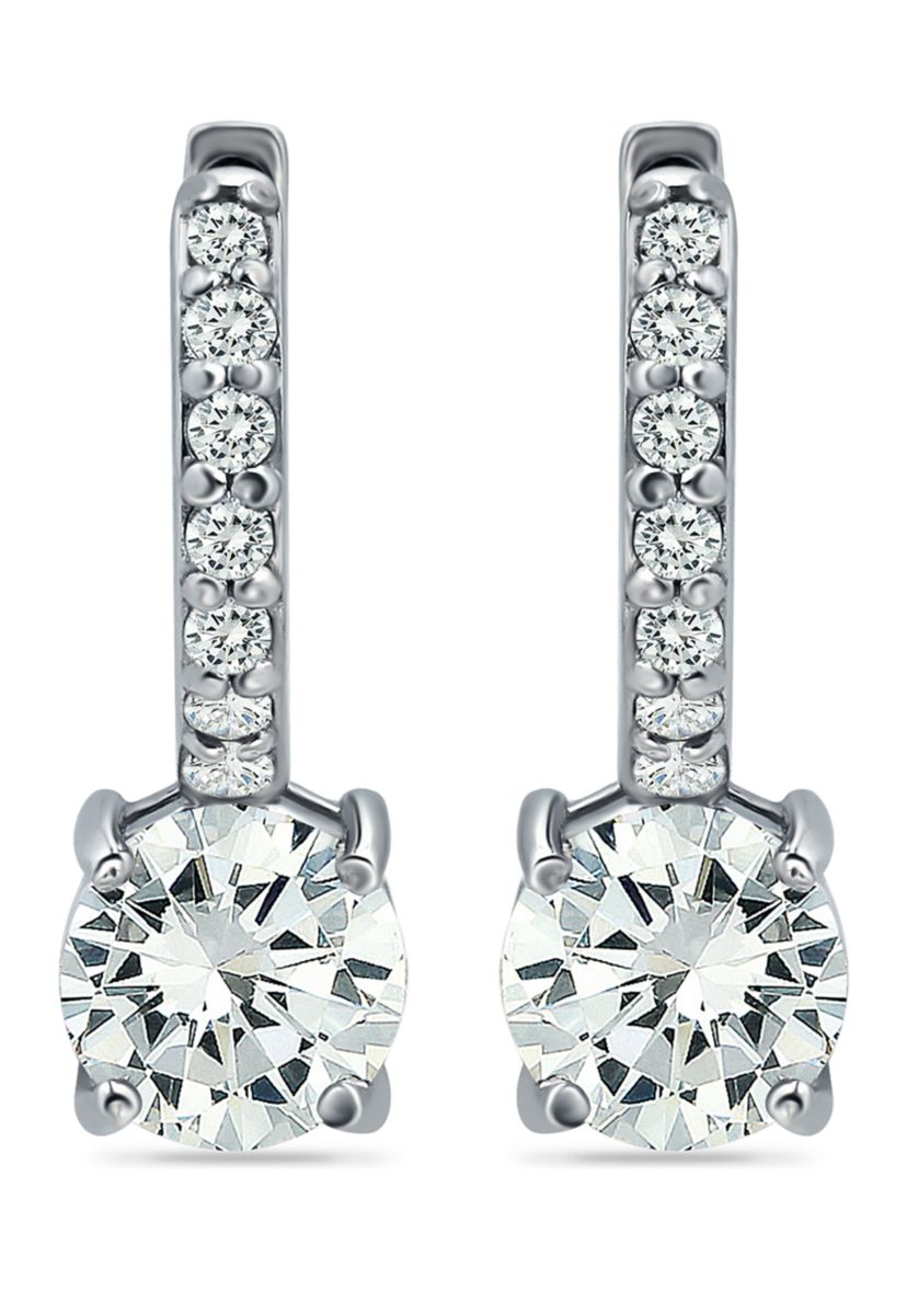 Sterling Silver Solitaire CZ Drop Pavé Huggie Earrings