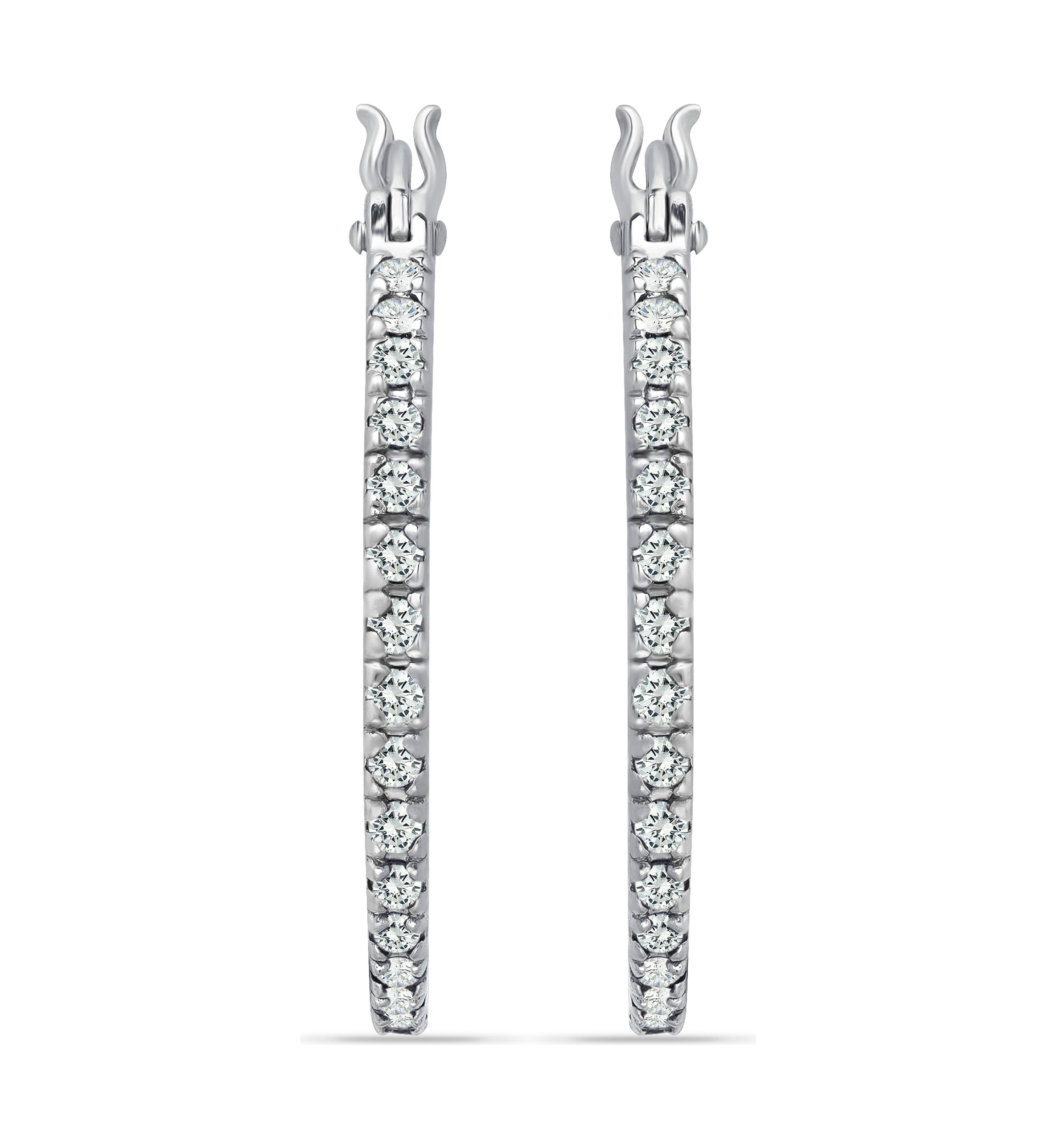 Sterling Silver Cubic Zirconia Pavé Inside Outside Click Top 28 Millimeter Hoop Earrings