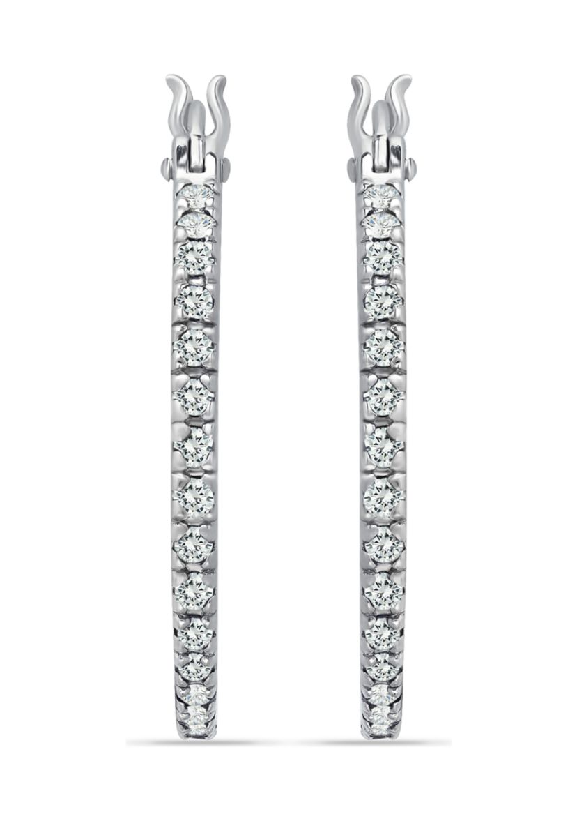 Sterling Silver Cubic Zirconia Pavé Inside Outside Click Top 28 Millimeter Hoop Earrings