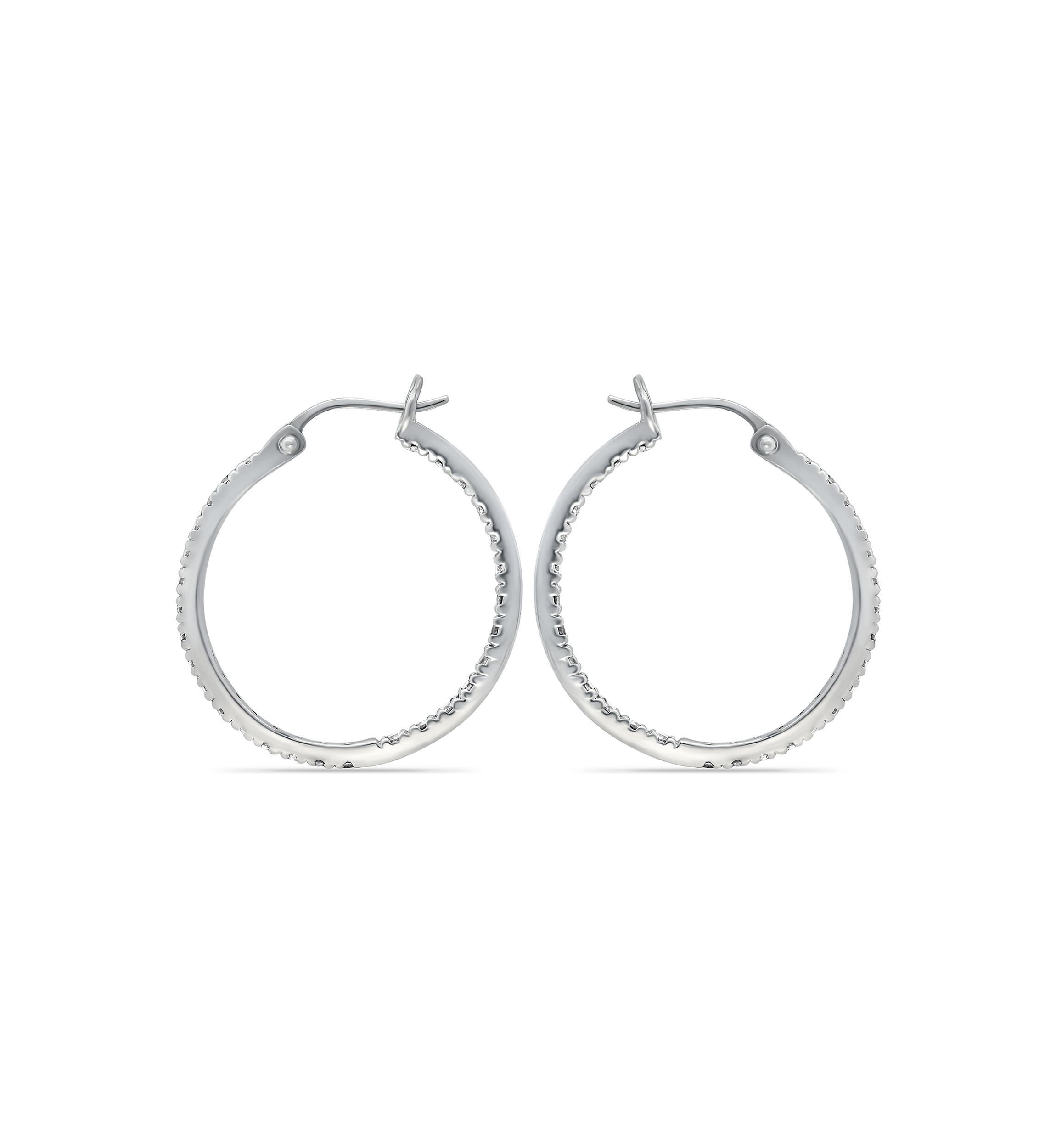 Sterling Silver Cubic Zirconia Pavé Inside Outside Click Top 28 Millimeter Hoop Earrings