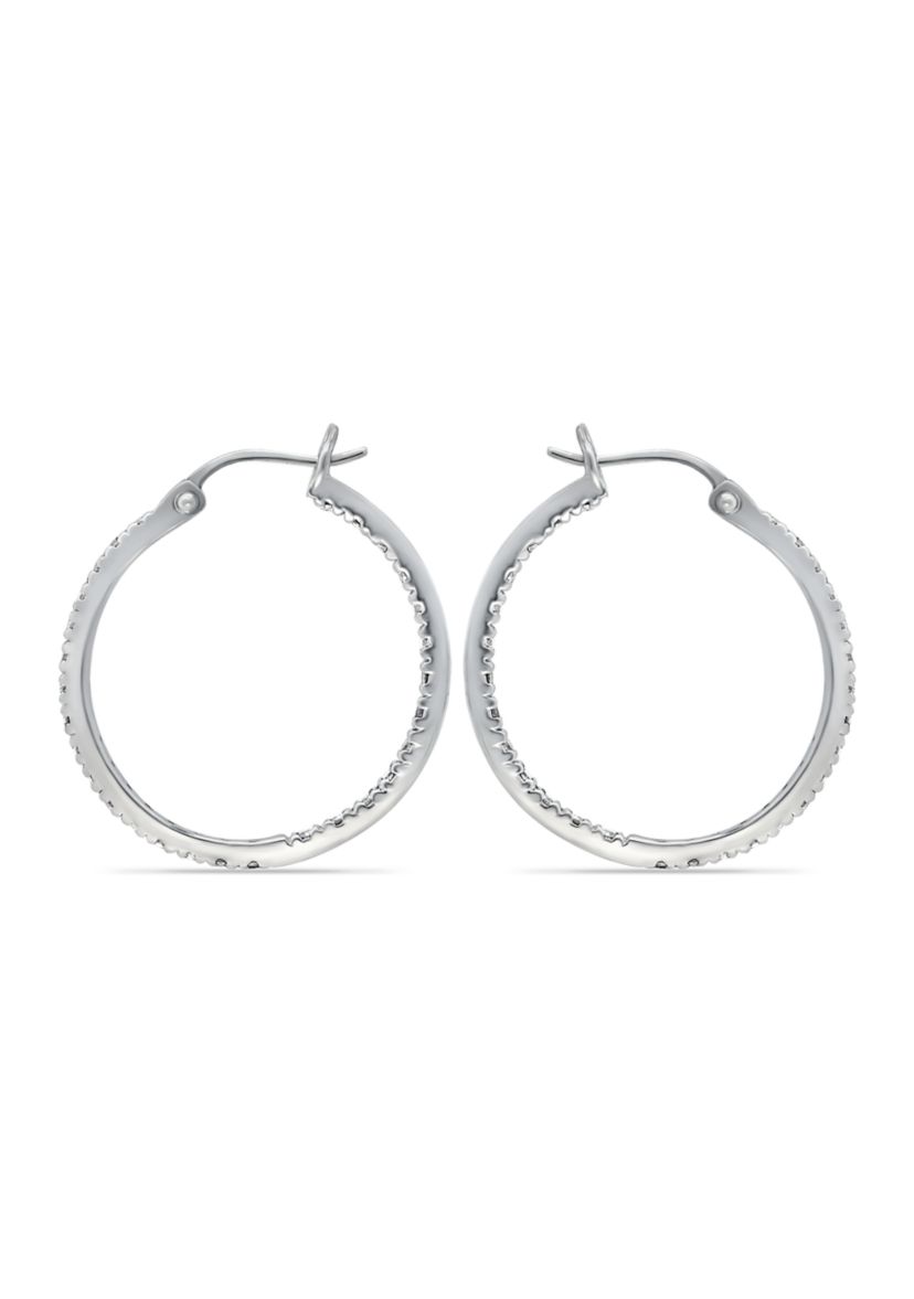 Sterling Silver Cubic Zirconia Pavé Inside Outside Click Top 28 Millimeter Hoop Earrings