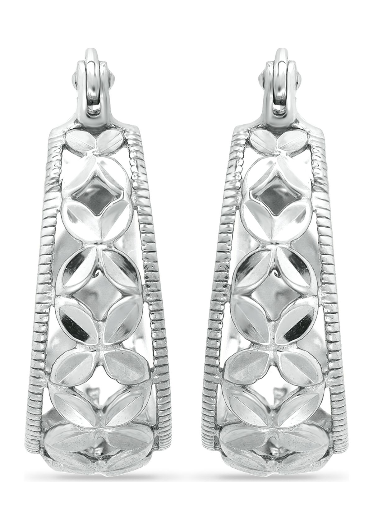 Sterling Silver Diamond Cut Floral Filigree Click Top Hoop Earrings