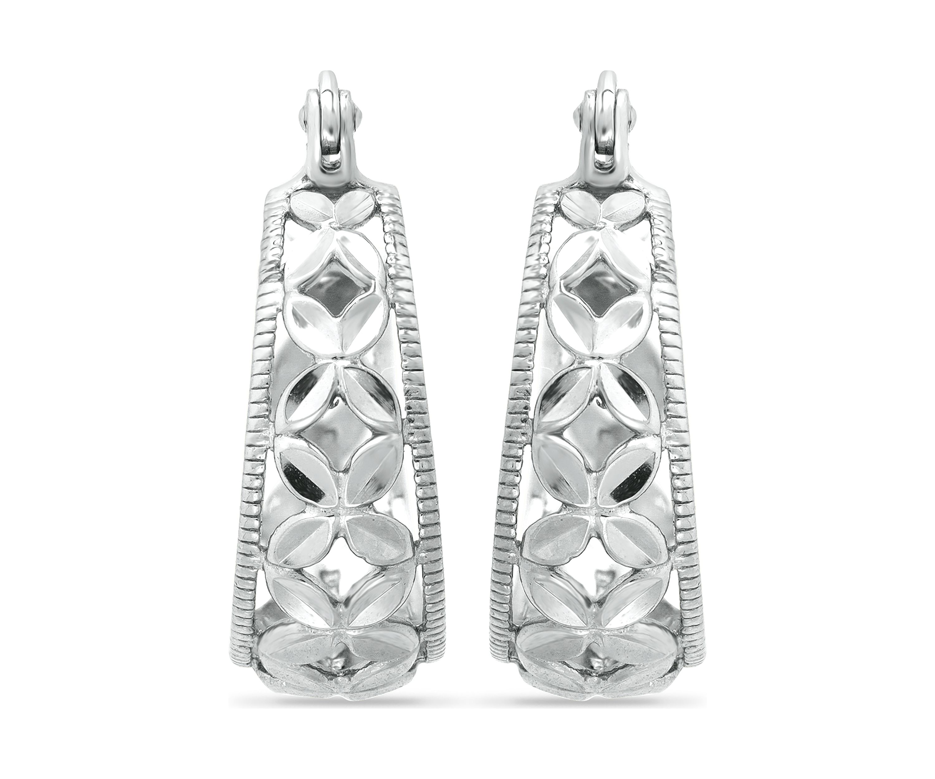Sterling Silver Diamond Cut Floral Filigree Click Top Hoop Earrings
