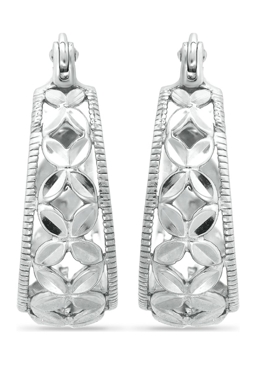 Sterling Silver Diamond Cut Floral Filigree Click Top Hoop Earrings