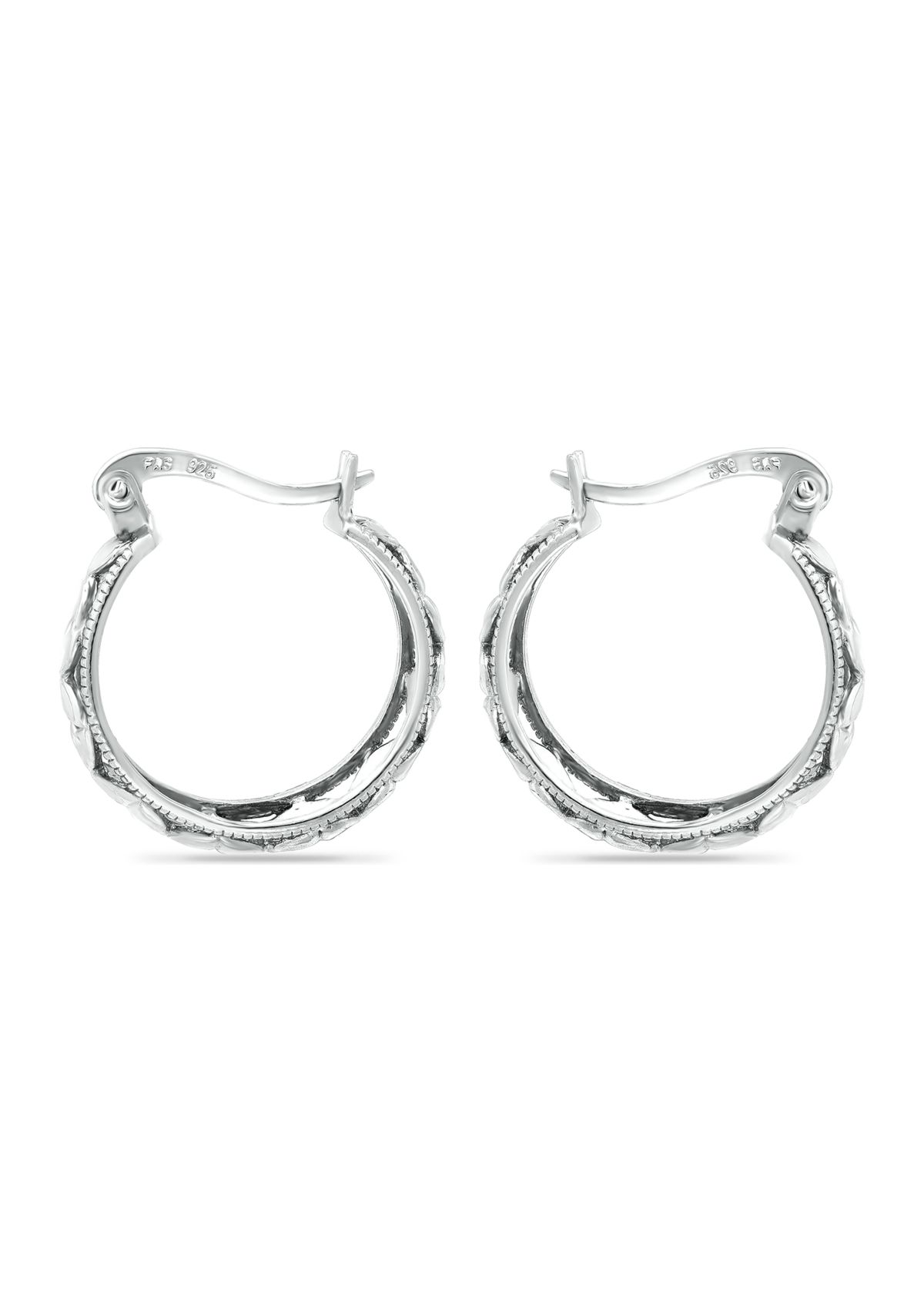 Sterling Silver Diamond Cut Floral Filigree Click Top Hoop Earrings