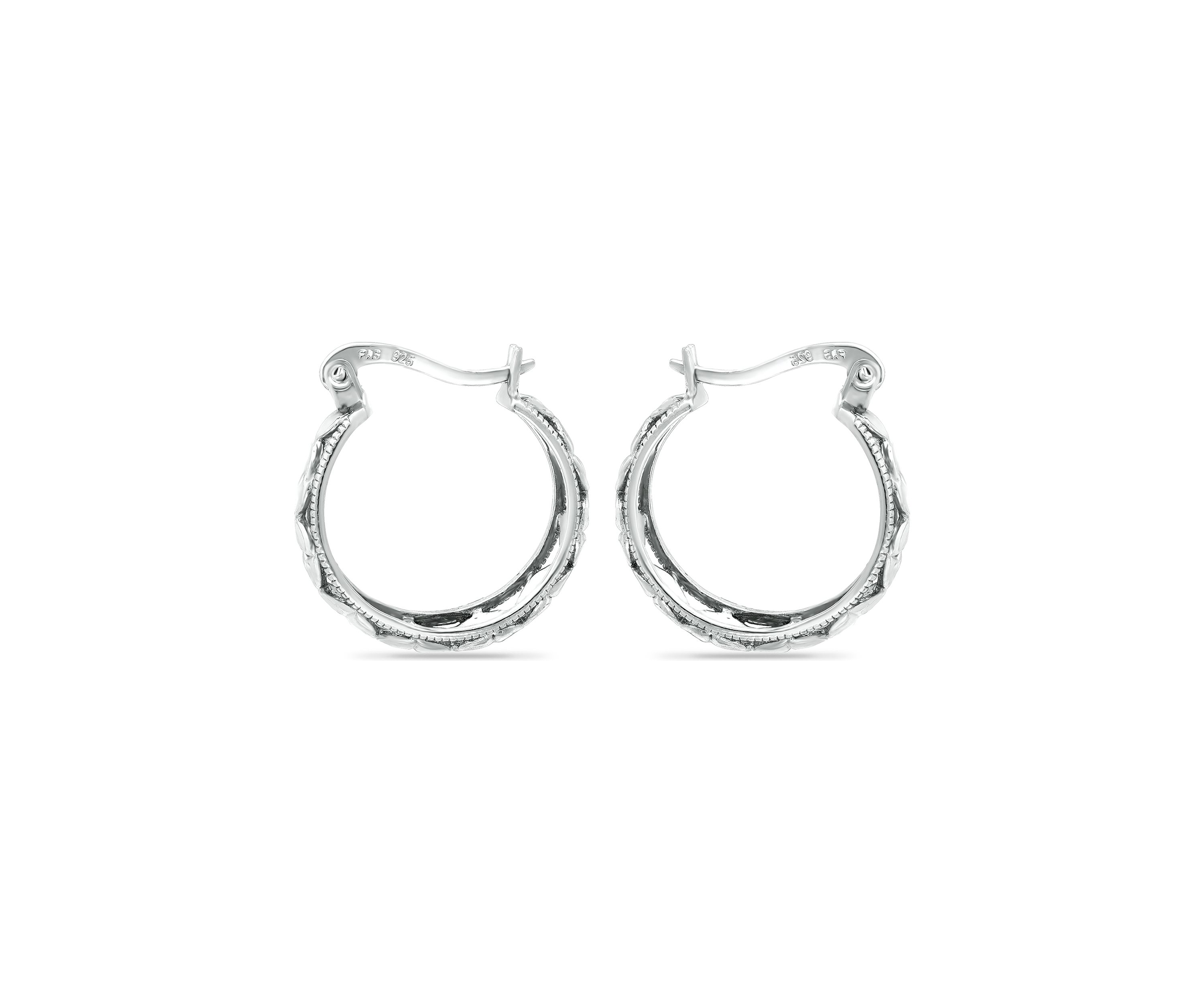 Sterling Silver Diamond Cut Floral Filigree Click Top Hoop Earrings