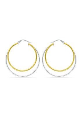 B.Brilliant 18K Gold over Silver and Sterling Silver Two-Tone 35mm Round 2 Row Click Top Hoop Earrings