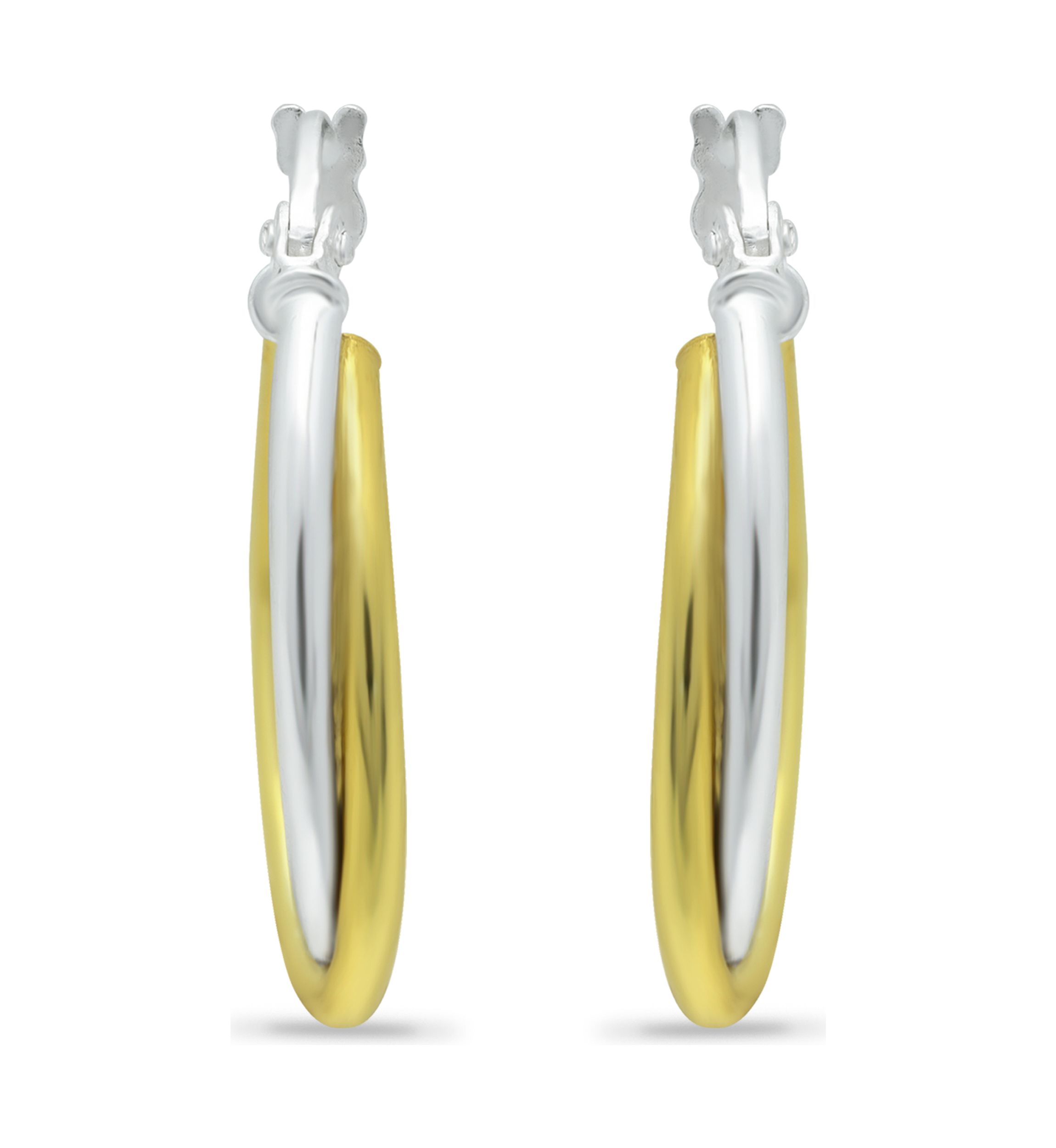 18K Gold over Silver and Sterling Silver Two-Tone Round 2 Row Click Top Hoop Earrings
