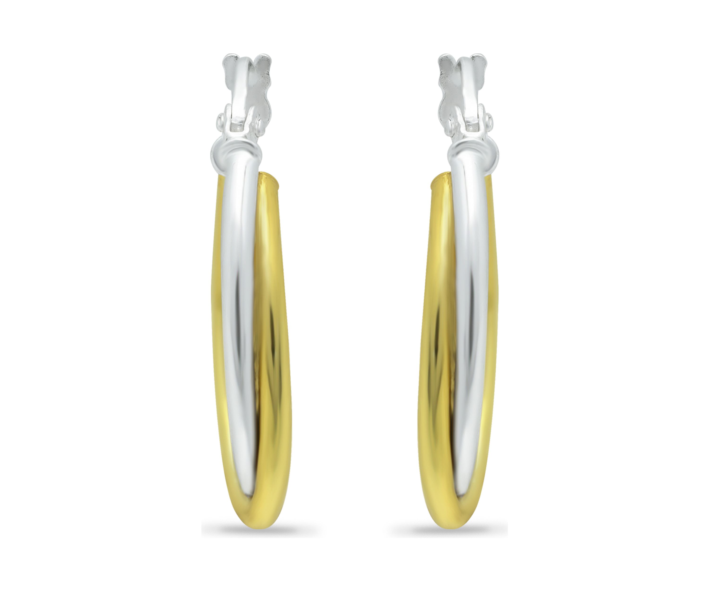 18K Gold over Silver and Sterling Silver Two-Tone Round 2 Row Click Top Hoop Earrings