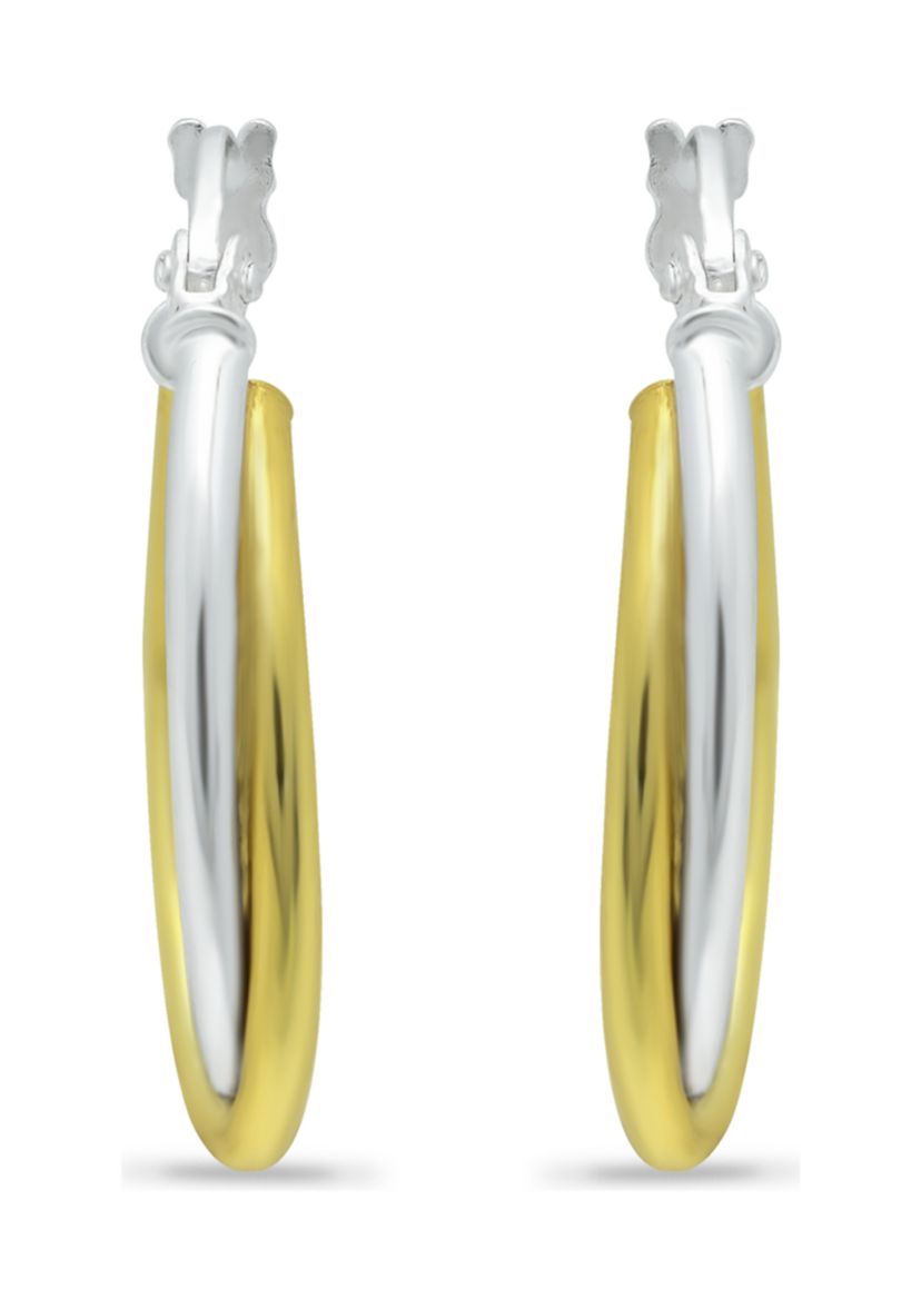 18K Gold over Silver and Sterling Silver Two-Tone Round 2 Row Click Top Hoop Earrings