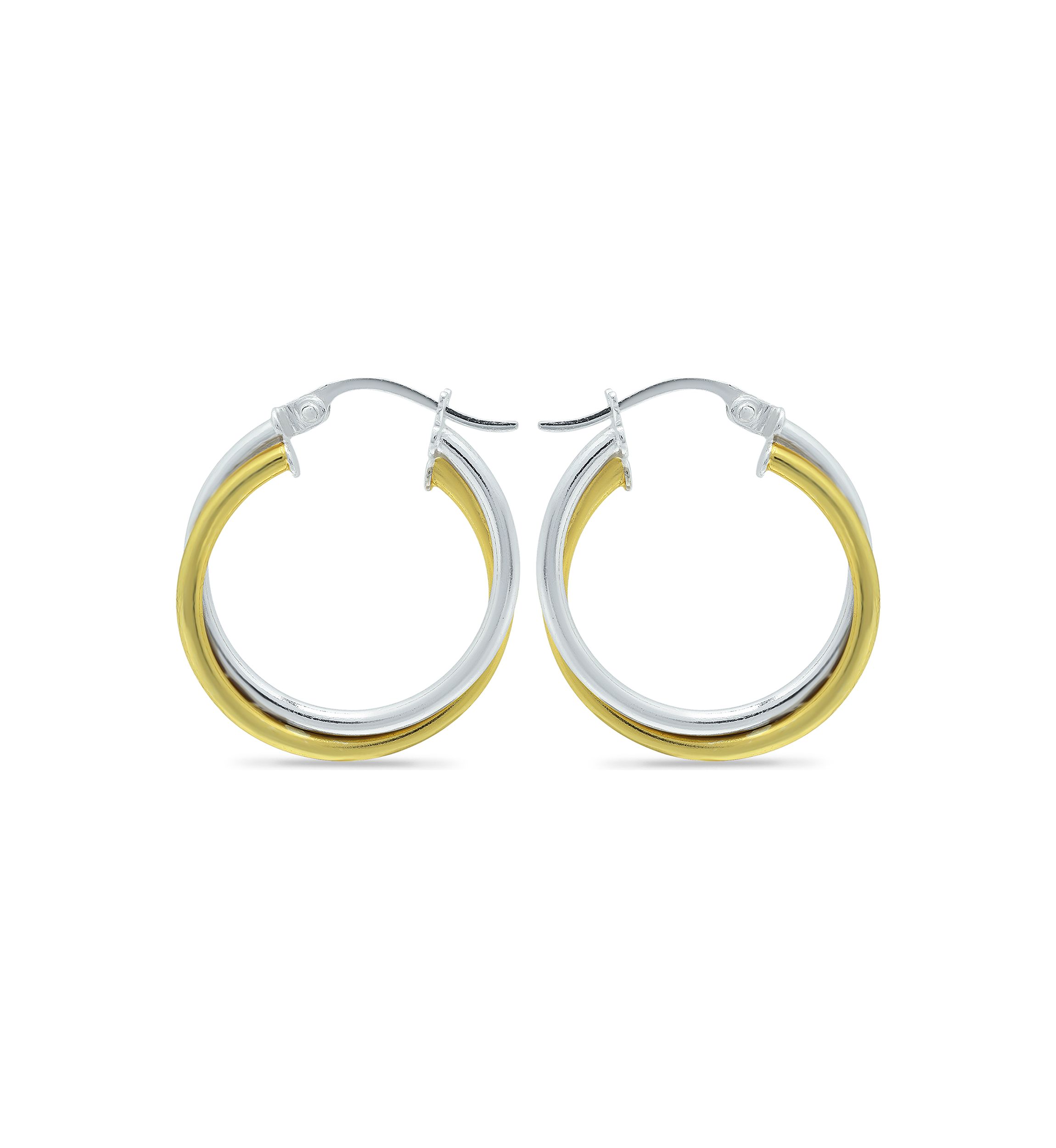 18K Gold over Silver and Sterling Silver Two-Tone Round 2 Row Click Top Hoop Earrings