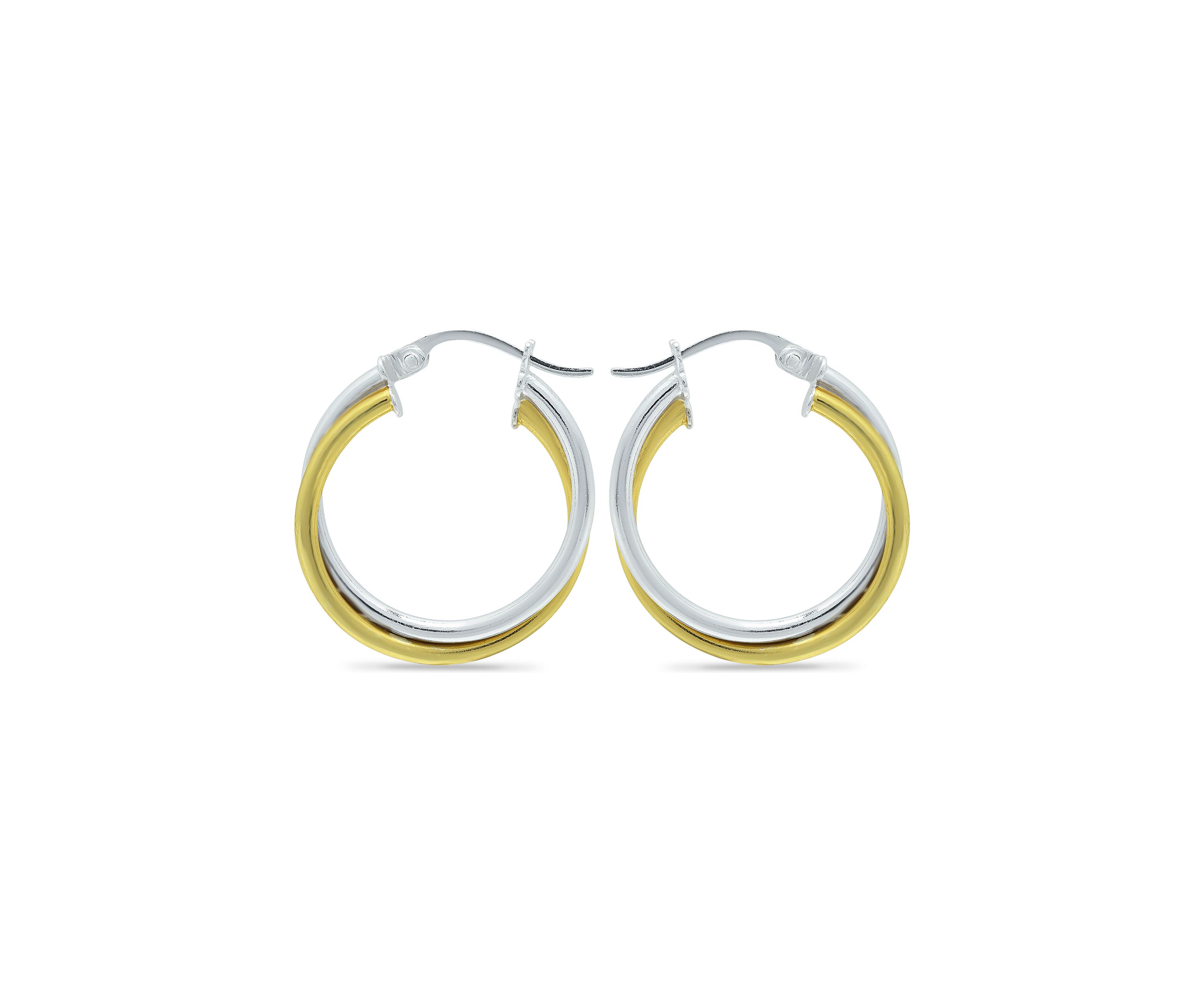 18K Gold over Silver and Sterling Silver Two-Tone Round 2 Row Click Top Hoop Earrings