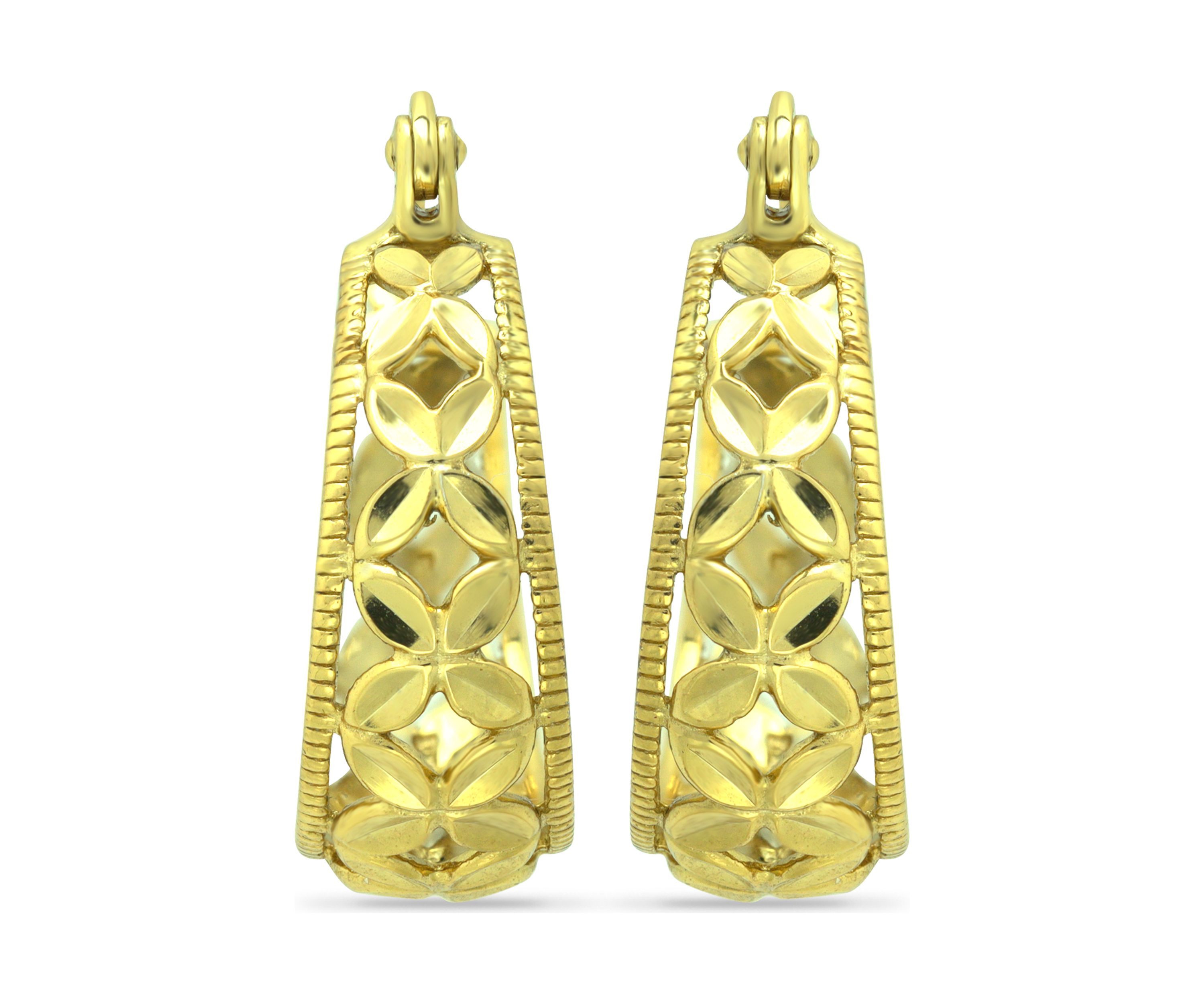 18K Gold Over Silver Diamond Cut Floral Filigree Click Top Hoop Earrings
