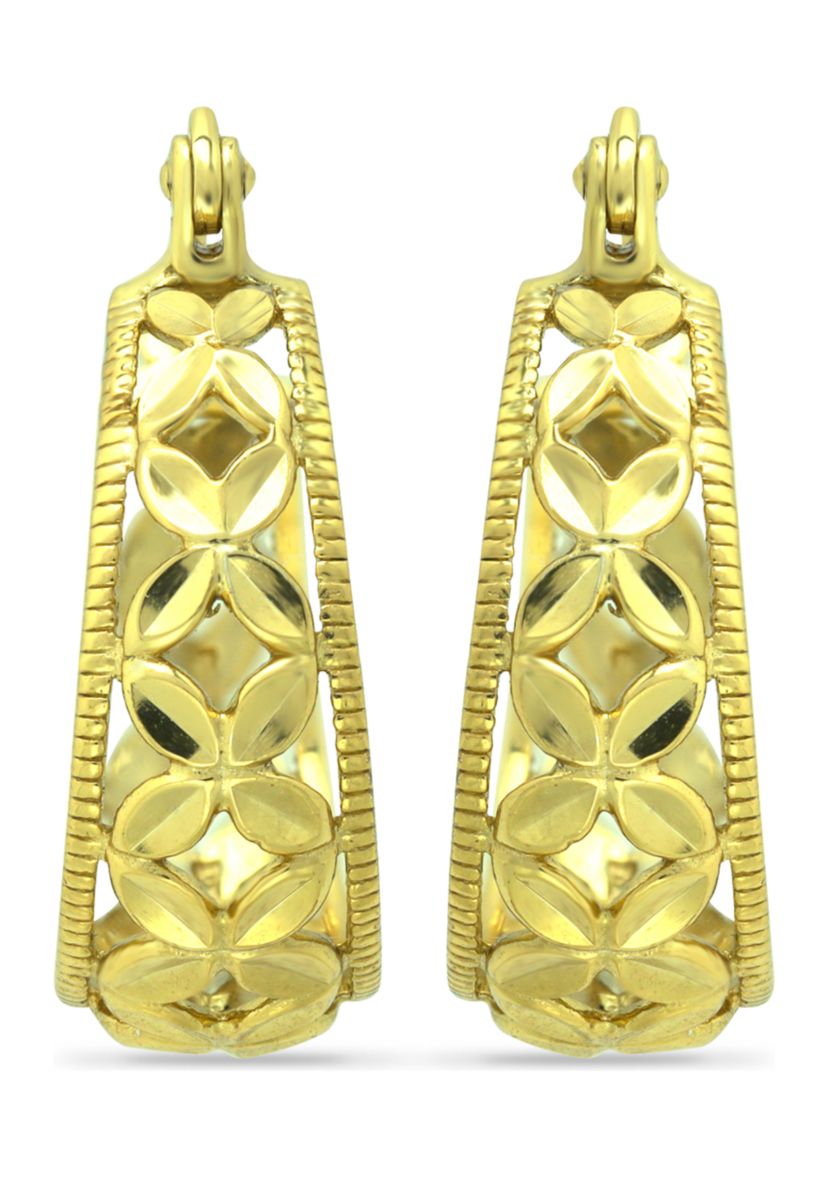 18K Gold Over Silver Diamond Cut Floral Filigree Click Top Hoop Earrings