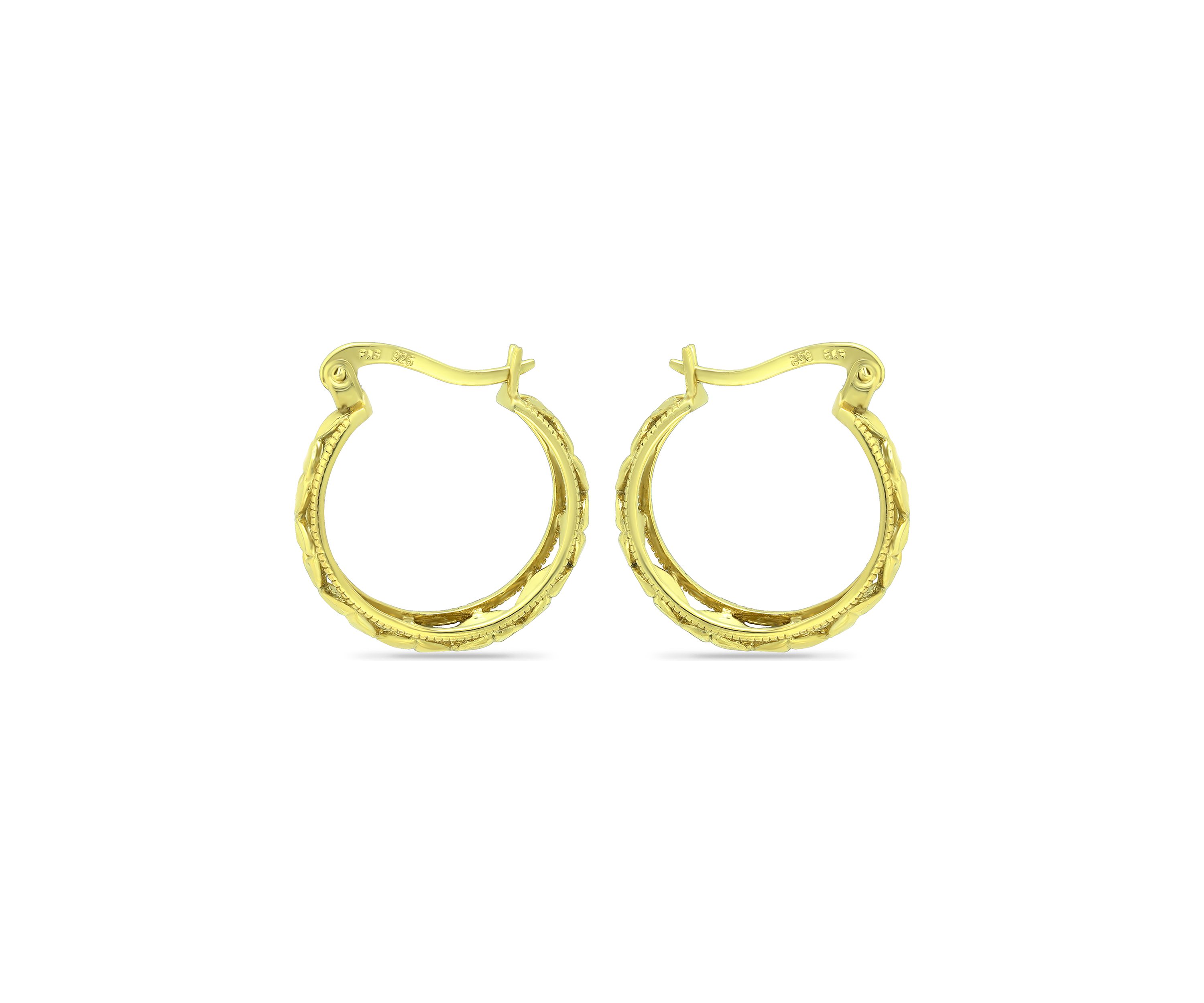 18K Gold Over Silver Diamond Cut Floral Filigree Click Top Hoop Earrings