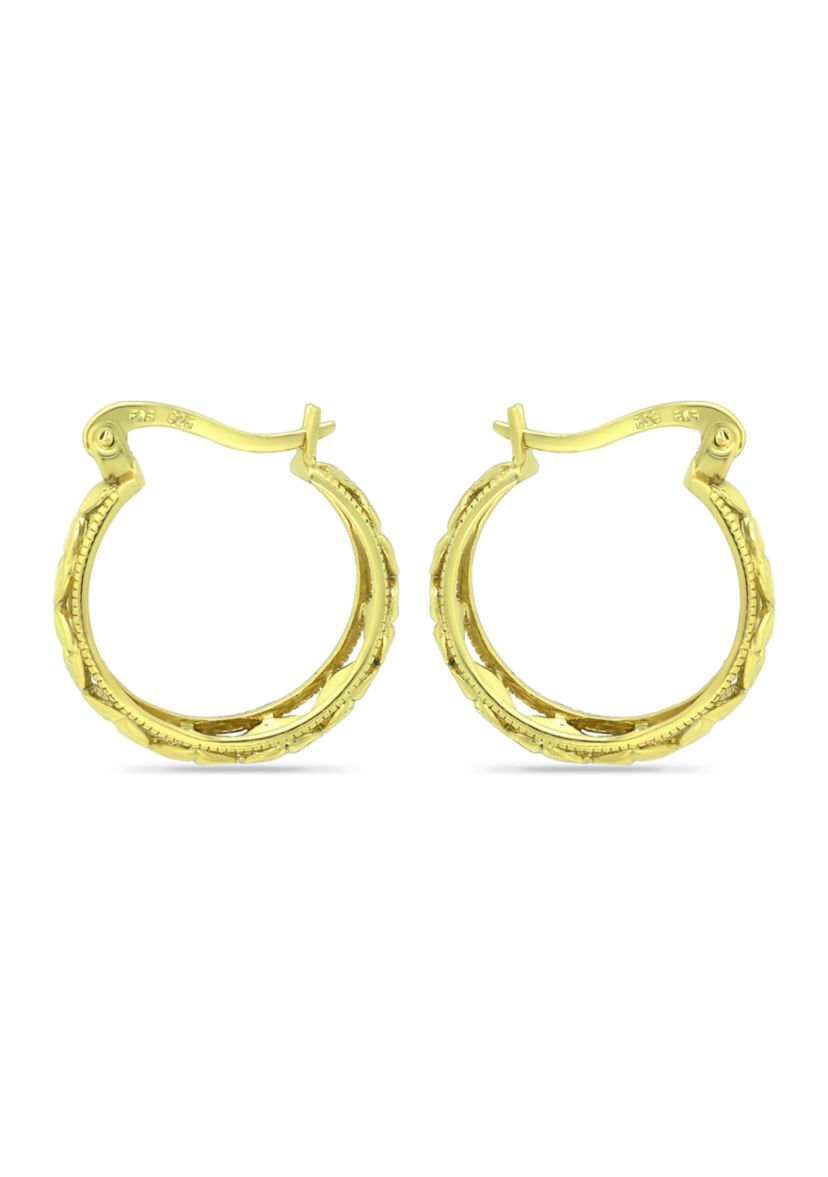 18K Gold Over Silver Diamond Cut Floral Filigree Click Top Hoop Earrings