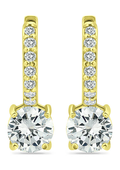 18K Gold over Silver Solitaire CZ Drop 18mm Pavé Huggie Earrings