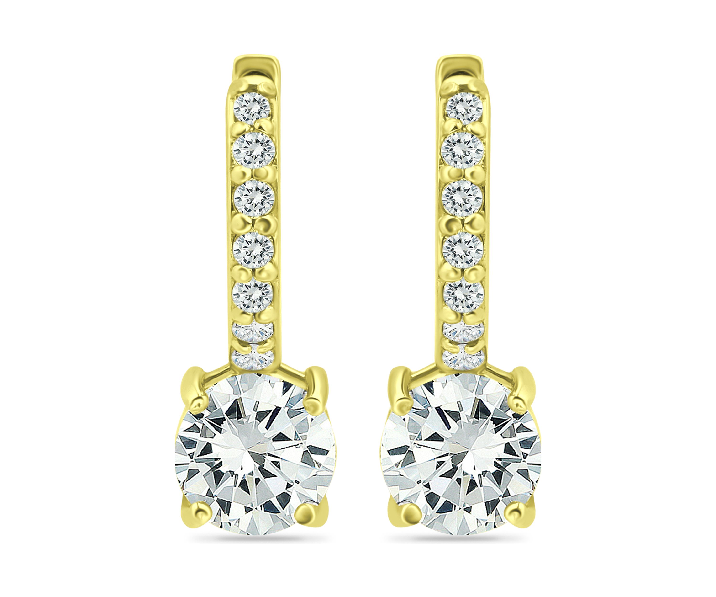 18K Gold over Silver Solitaire CZ Drop 18mm Pavé Huggie Earrings