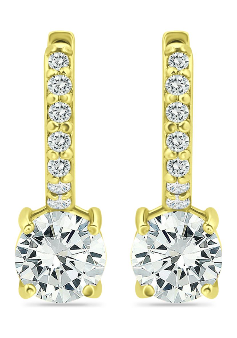 18K Gold over Silver Solitaire CZ Drop 18mm Pavé Huggie Earrings