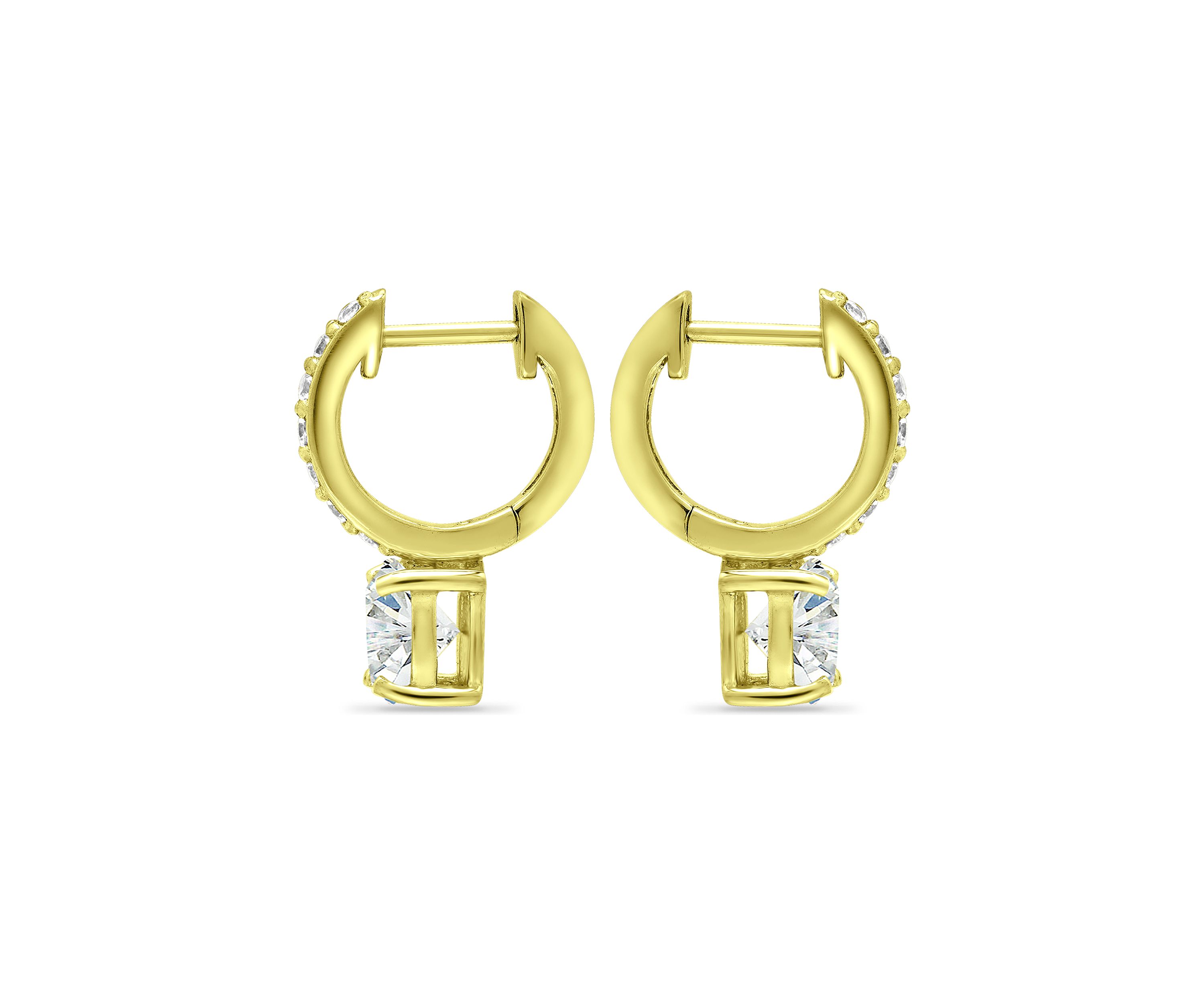 18K Gold over Silver Solitaire CZ Drop 18mm Pavé Huggie Earrings