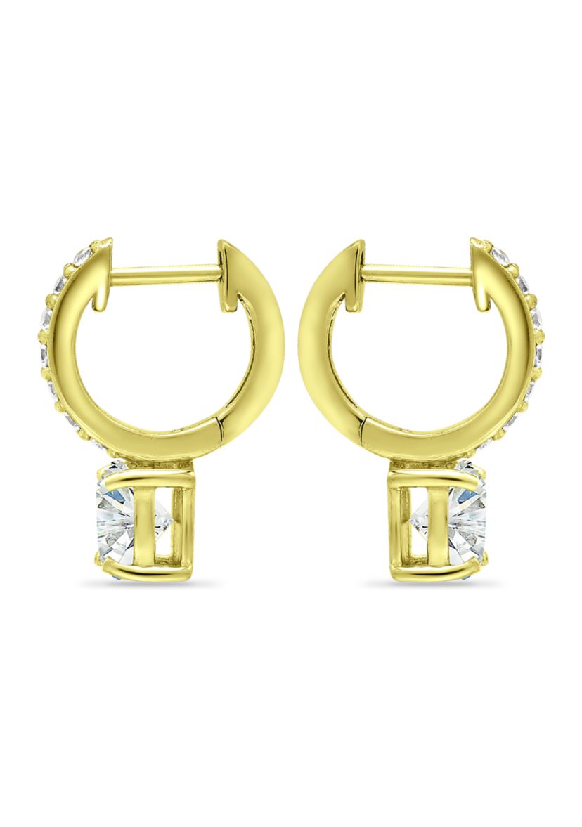 18K Gold over Silver Solitaire CZ Drop 18mm Pavé Huggie Earrings