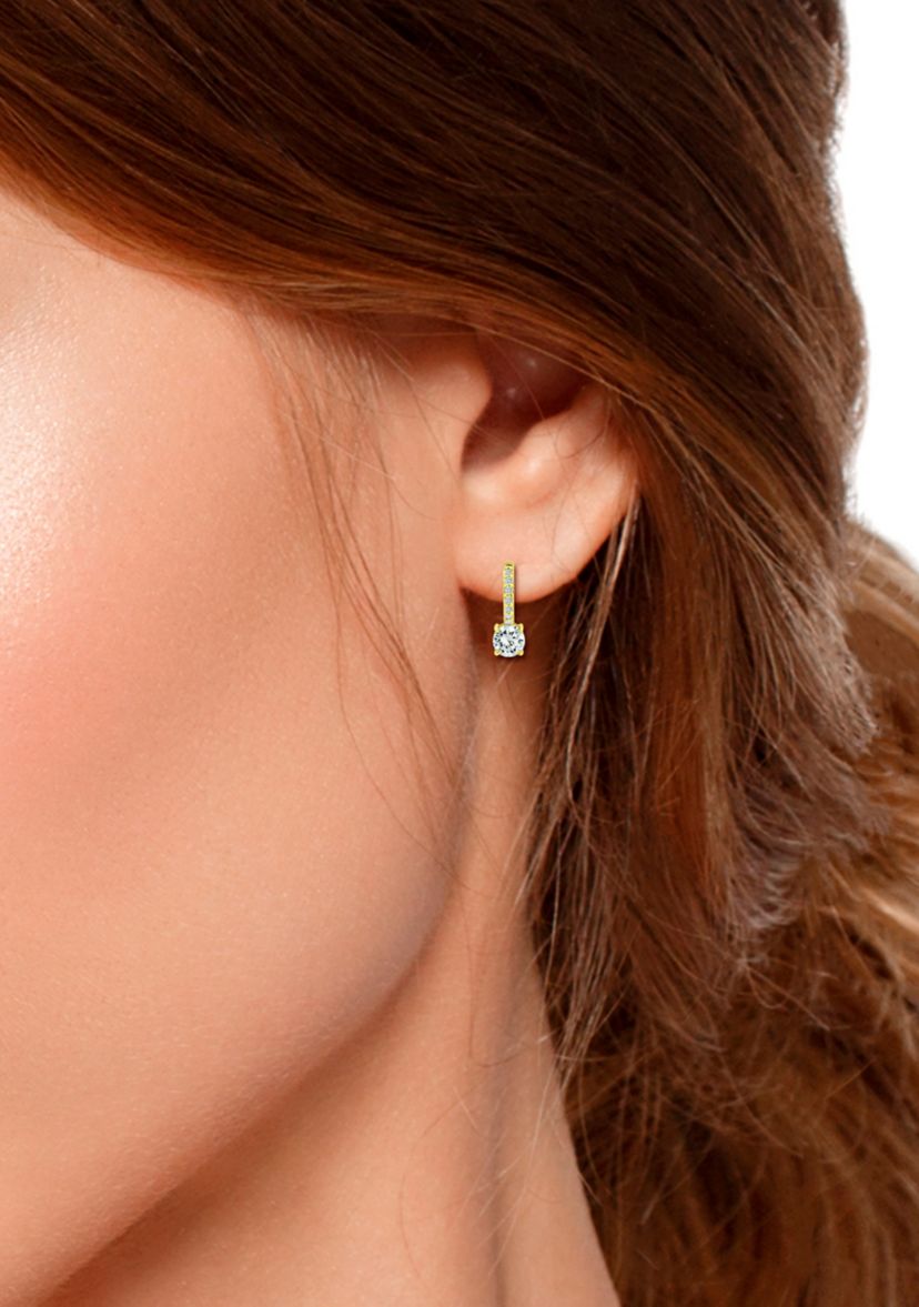 18K Gold over Silver Solitaire CZ Drop 18mm Pavé Huggie Earrings