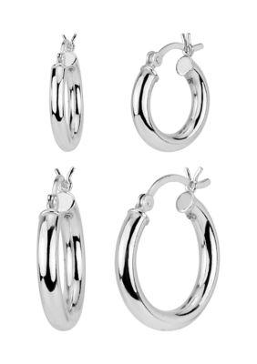 Polished Graduated 2 Pair Hoop Earring Set in Sterling Silver