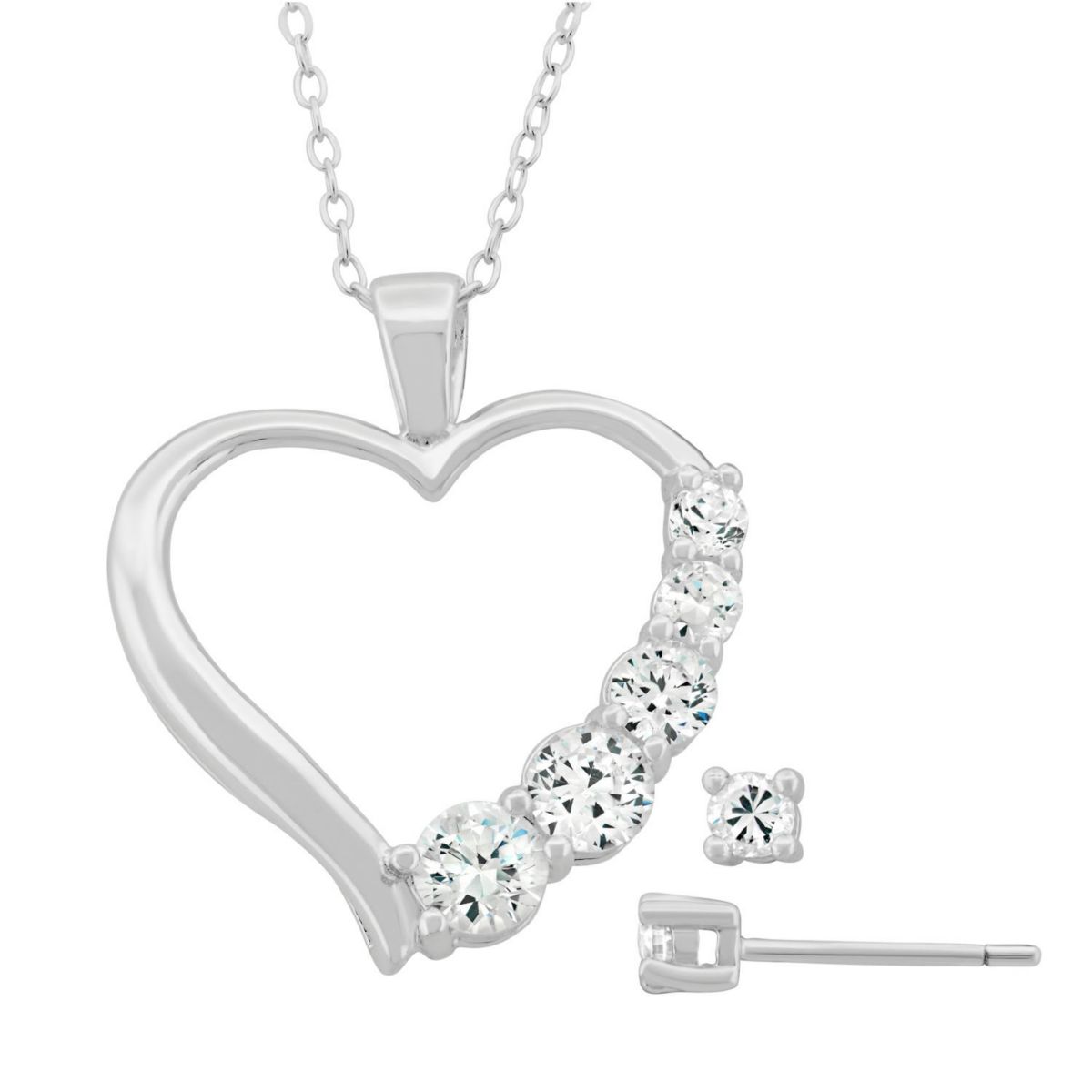 Lab Created Sterling Silver White Cubic Zirconia Open Heart Pendant and Stud Earring Set